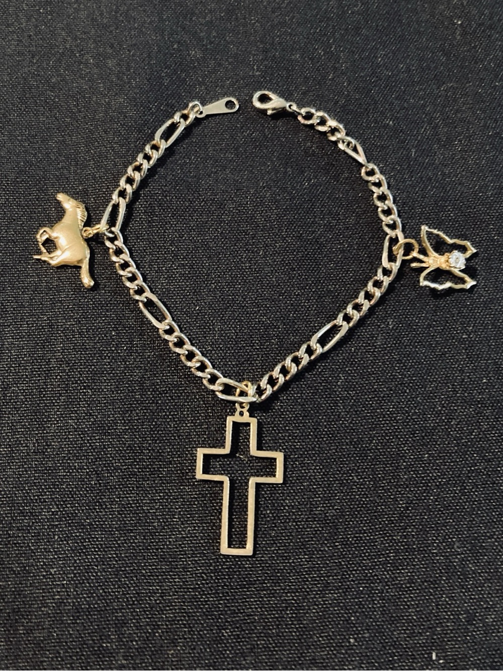 Gold Cross Charm Bracelet with Mustang and Butterfly Charms